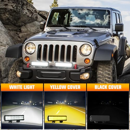 Nilight LED Light Bar with Yellow/Black Covers 2 PCS 12 Inch 72 W Spot Flood Combo Off Road Lights Super Bright Driving Fog Boat Lighting for Trucks Pickup Golf Cart SUV ATV UTV 4x4 Van Camper - color: White+Yellow Black Cover