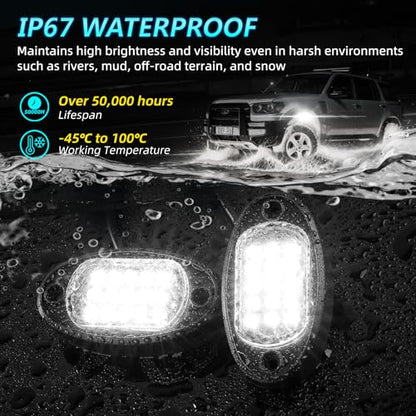 8Pods All Pure White LED Rock Lights Full Kit Plug and Play & Pre Wired 6500K with Switch Wiring Harness Extension Fuse, 120Chips Waterproof 12V for Jeep Truck Trailer Offroad ATV UTV SXS - size: 8Pods ABS