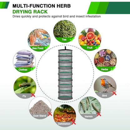 Yesker 8 Layer Herb Drying Rack Hanging Mesh Net Foldable Plant Drying Racks 24" Diameter with Green Zipper & Hook Dryer Hanging Rack for Herbs Seed Bud Fruit Clothes Grow Tent Closets Garden Outdoor - size: 8 Layers Fluorescent Green & Black with Hook