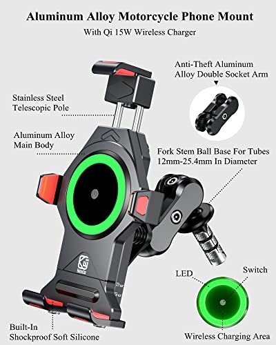 BRCOVAN Motorcycle Fork Stem Phone Mount with Qi 15W Wireless Charger & Vibration Dampener, Anti-Theft, Anti-Shake, Adjustable, Aluminum Alloy Motorcycle Cellphone Holder for 4.7-7.2'' Smartphone