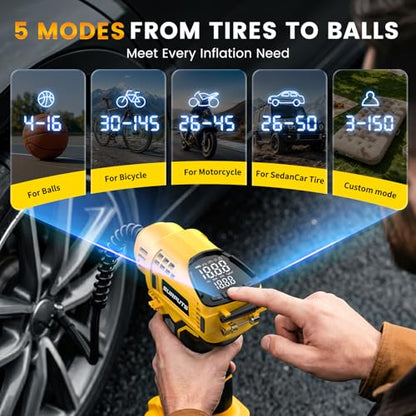 Tire Inflator Air Compressor Compatible with Dewalt 20V Battery, 150PSI Cordless Portable Air Pump with Digital Pressure & Auto Shut-Off, LED Light for Car Motorcycles Bike Ball (Tool Only)
