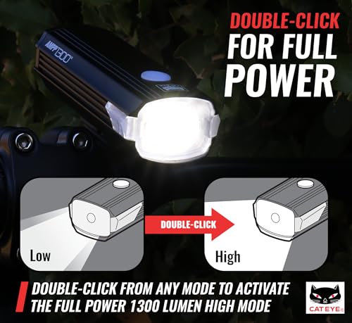 CATEYE AMPP USB Rechargeable Bike Light – High Visibility Super Bright OptiCube™ Headlight for Commuters, Road Cyclists & Mountain Bikers, Day & Night Riding Modes, IPX4 Waterproof, Tough & Durable - style: Ampp1300