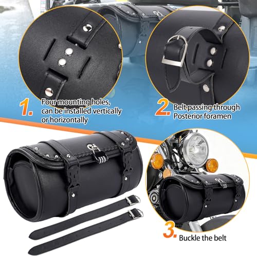 Retro Motorcycle Handlebar Bag with Combination Lock,PU Leather Handlebar Bag,Dual Mount Anti-Theft Motorcycle Tool Bag,Universal Easy Install for Most Models - color: Black - Round
