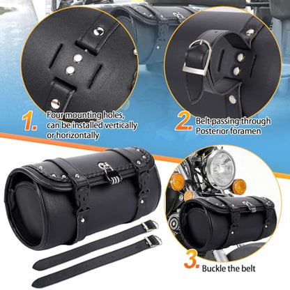 Retro Motorcycle Handlebar Bag with Combination Lock,PU Leather Handlebar Bag,Dual Mount Anti-Theft Motorcycle Tool Bag,Universal Easy Install for Most Models - color: Black - Round