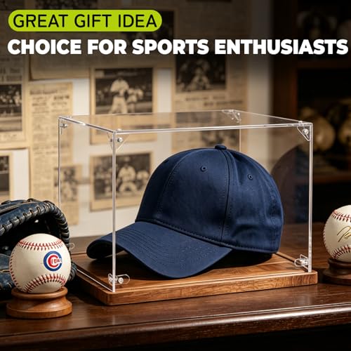 Hat Display Case, Clear Acrylic Baseball Cap Display Box Stand, UV Protection Signed Hat Transparent Showcase with Solid Wood Base Risers & Hat Shaper, Ideal Gift for Caps Collector - size: 13.9ln×4.8ln×1.4ln