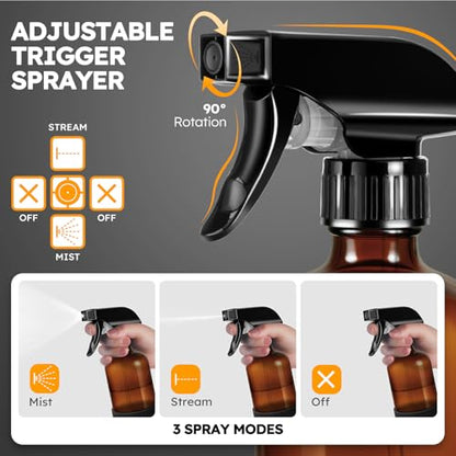 Tecohouse 2 Pack 360° Amber Glass Spray Bottles with Silicone Sleeve, 16 oz Empty Refillable Containers with Adjustable Spray Nozzles, Dark Spray Bottles for Cleaning Solutions, Plants (Black & Brown) - color: Amber, size: 16OZ