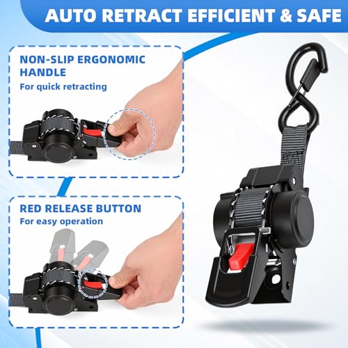Retractable Ratchet Straps 1" x 9.84ft, 2PK Transom Tie Downs – 1500lbs Break Strength, Heavy Duty Bolt-on Tie Down Straps for Trailer, Boat, Cargo, Motorcycles, Jet Ski, ATV (Black)