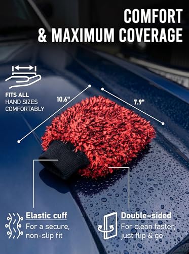 TAKAVU Car Wash Mitt Scratch Free, 2 Pack Microfiber Wash Mitts for Auto Detailing, Soft Lint Free Cleaning Gloves, Holds Sudsy Water, Machine Washable (Red & Black) - color: Red