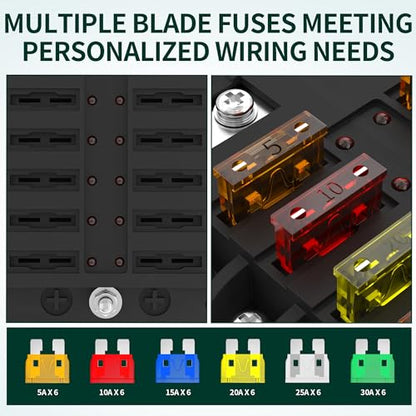 DaierTek 12 Way Fuse Block, 12 Volt Blade Fuse Block with LED Indicator 12 Circuit Fuse Box 12V ATO/ATC Marine Fuse Panel 24V with Waterproof Cover Fuse Terminals for Automotive Boat Car RV - size: 12 Way