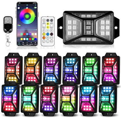 12 Pods Full Angle RGB Rock Lights Compatible with 12V Trucks Jeep UTV SUV ATV Boat Golf Cart, Waterproof Multi-Color, App/Remote Control Led Rock Lights with Music Mode(Patented) - size: 12 Pods-Full Angle-(New 3 Control Mode)-12V