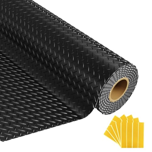 Grandroad auto 10x25 FT Garage Floor Mat, 2.8mm Thickened Flooring Roll for Under Car Diamond Plate PVC Rubber Mat with 20 Pcs Tapes, Non-Slip Floor Mat for Garage, Warehouse, Trailer, Gyms, Black - color: Black, size: 10×25ft