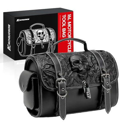 16L Motorcycle Tool Bag with Combination Lock 3D Skull Embossed PU Leather Saddlebag, Universal Waterproof Black Motorcycle Side Bags Storage Pouch for Most Motorcycles - style: Combination Lock Skull Bag