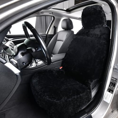 1PC Front Bucket Genuine Sheepskin Car Seat Cover Lambskin Winter Car seat Cushion Lambs Wool Sheep Skin Fuzzy Seat Cover Shearling Car Accessories for SUVs, Saloons and Trucks (Black) - color: Black