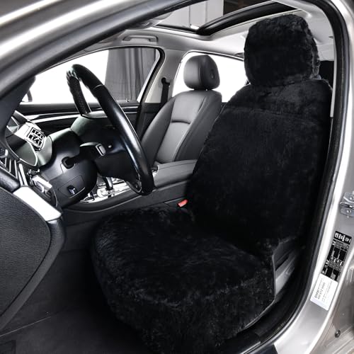 1PC Front Bucket Genuine Sheepskin Car Seat Cover Lambskin Winter Car seat Cushion Lambs Wool Sheep Skin Fuzzy Seat Cover Shearling Car Accessories for SUVs, Saloons and Trucks (Black) - color: Black