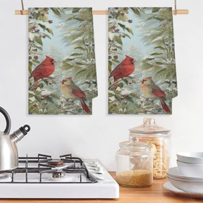 Winter Red Birds Kitchen Towels Set of 2 Snow Tree Dish Towels Bar Absorbent Cleaning Tea Towel for Home Dining Restaurants - color: Winter Red Birds Snow Tree