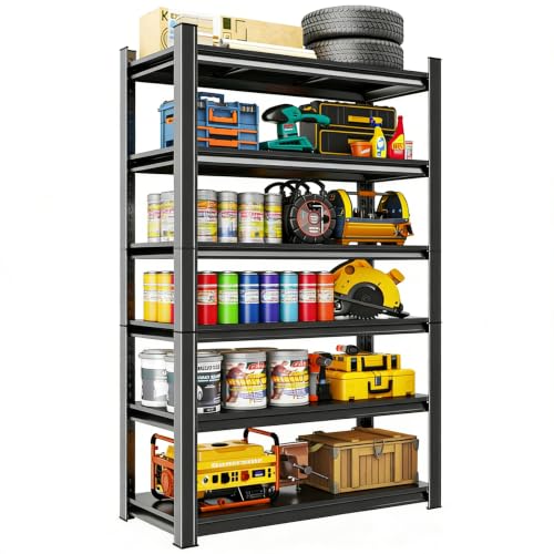 Heavy Duty Garage Shelving, 6-Tier Garage Storage Shelves, Adjustable Metal Shelving Unit, Tall Steel Storage Rack for Garage Pantry Warehouse, Black, 35" W x 16" D x 77" H - size: 6TIER-35"W X 16"D X 77"H