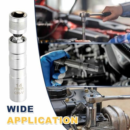 HARFINGTON 2pcs Spark Plug Socket Set 3/8" Drive 14mm Swivel Magnetic 12 Point Thin Wall Spark Plug Socket with 360 Degree Swivel CR-V Steel, Silver - size: 14mm