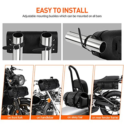 Motorcycle Fork Tool Bag for Front Fork Handlebar | Universal PU Leather Roll Bag Storage Pouch, Black