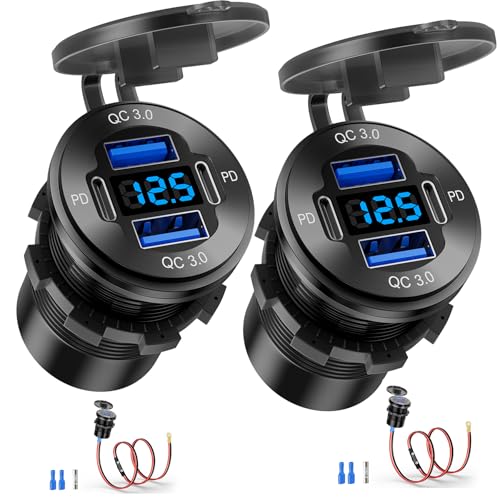 12V USB Outlet, 4 Port Aluminum Charger Socket 2 C PD & 2 QC3.0 with Voltmeter, 12V/24V Car USB Charger Socket for Car Boat Marine Bus Truck Golf RV Motorcycle and More 2-Pack - color: 2PD+2USB(2Pack)