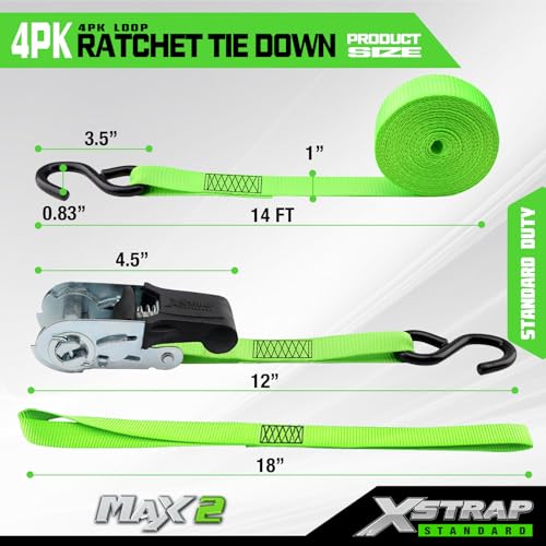 XSTRAP STANDARD 4 Pack 1" x 15Ft Ratchet Tie Down Straps - 500Lbs Load Cap, 1500Lb Break Strength, Includes 4 Soft Loops for Moving Appliances, Lawn Equipment & Motorcycle, Green - style: 4pk 1inchx15ft 1500lbs green with 4 Soft Loops