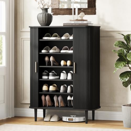 DHH Shoe Storage Cabinet with Sliding Door, 6-Tier Shoe Cabinet with Adjustable Shelves, Mid-Century Modern Freestanding Shoe Storage Organizer for Entryway, Hallway, Living Room (Black, 31.5 ") - color: Black, size: 31.5 "