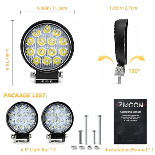 ZMOON Round LED Off Road Lights Kit, 2PCS 4.5" 84W LED Flood Light Bar with 10FT Wiring Harness (2-Lead), Driving Fog Lights for Truck ATV UTV SUV Boat - color: 4.5in Round LED Light Bar with Wiring Harness