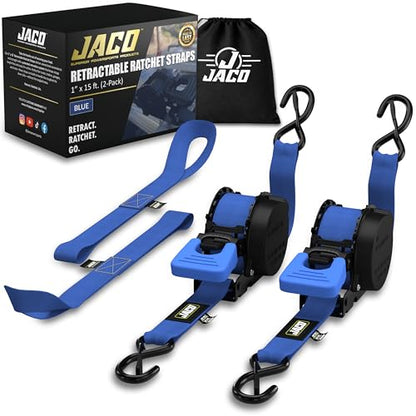 JACO Retractable Ratchet Straps - 1 in x 15 ft (2-Pack) (1,760lbs Break Strength) | Auto Self Retracting Cargo Tie Down Strap Set (Blue) - color: Blue, size: 2-Pack