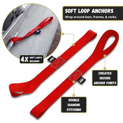 JACO Retractable Ratchet Straps Tie Down Kit (4-Pack) - 1 inch x 15 ft. (1,763lb Break Strength) (Red) - color: Red, size: 4-Pack