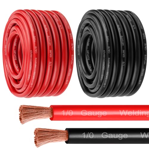 MOOKEERF 1/0 Gauge Battery Cable - 50FT Red + 50FT Black 1/0 AWG Welding Cable Flexible Stranded Oxygen-Free Pure Copper Wire for Automotive, Battery, Inverter, Solar, Marine and Generator - color: 50ft Black + 50ft Red, size: 1/0AWG