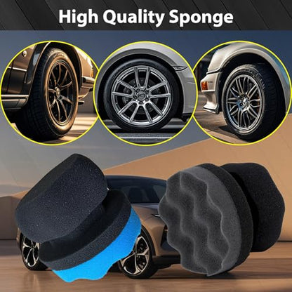 4 Pcs Tire Shine Applicator Pads, Tire Dressing Applicator, Reusable Tire Shine Sponge Wave Contoured for Car Detailing, 3.15inch (2 Blue & 2 Black) - size: 3.15inch-2 Black & 2 Blue