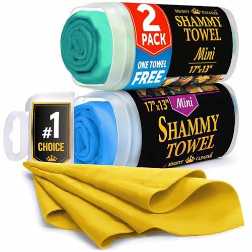 Premium 2pk Mini +1 Free Shammy Cloth for Car Drying - 17”x13” - Super Absorbent Chamois Towel for Car - Scratch-Free, Reusable & Soft Cleaning Towel - color: Mint, Blue, Yellow