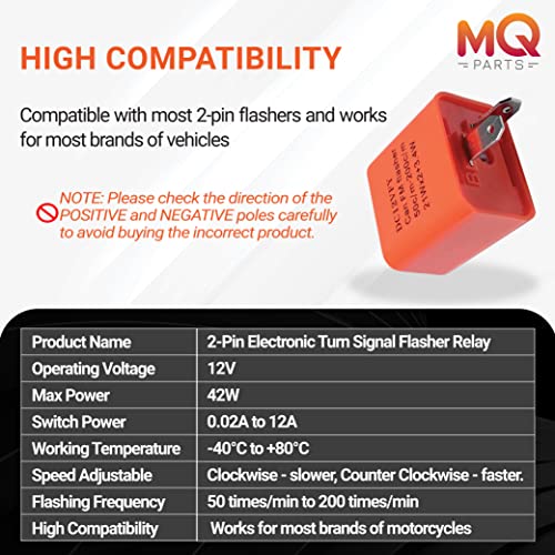 2 Packs 2-Pin 12V Speed Adjustable LED Electronic Flasher Relay Fixes Motorcycle Turn Signal and Hazard Warn Hyper Flash - Premium Version Orange DC12V-FM Part by MQparts
