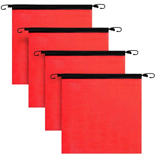 Boao 4 Pieces 18 x 18 Inch Red Hook Safety Warning Flags Mesh Safety Flag Warning Flag with Vinyl Welt and Bungee Cord for Truck and Pedestrian Crossing