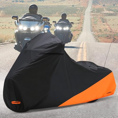 Waterproof Motorcycle Cover for Touring Models Made for Harley Davidson Road King Road Glide Street Glide Electra Glide Low Rider-ST Indoor & Outdoor All Weather Protection (Black & Orange) - size: Side Box