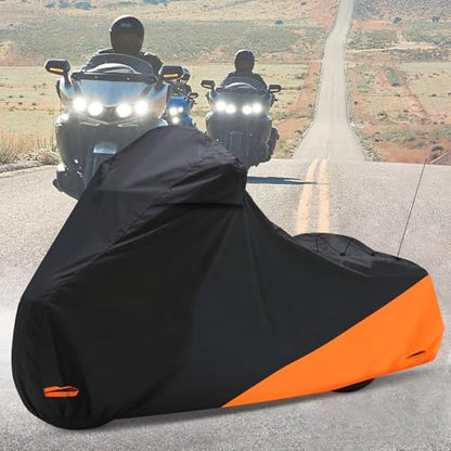 Waterproof Motorcycle Cover for Touring Models Made for Harley Davidson Road King Road Glide Street Glide Electra Glide Low Rider-ST Indoor & Outdoor All Weather Protection (Black & Orange) - size: Side Box