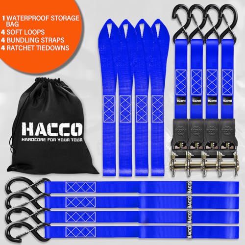 Haccoplanet Ratchet Tie Down Straps, 2340lb Break Strength, 4pc 1inch x 16FT Ratchet Strap Set with Padded Handles & Coated S Hook W/Safety Clip, Cargo Strap Tie-Down for Motorcycle, Truck (Blue) - color: Blue
