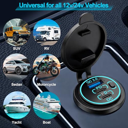 12v usb charger, PD 20W USB-C Power Socket and 18W QC3.0 Socket Waterproof Power Outlet 12V/24V with Power Switch 12V USB C Outlet for Car Golf Cart Boat Marine Bus Truck RV Marine Motorcycle etc. - color: 2PD+1QC