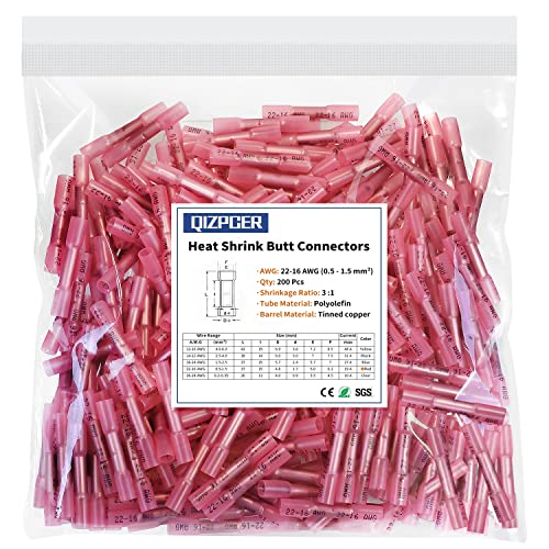 Heat Shrink Butt Wire Connectors, 200 Pcs Red 22-16 AWG Insulated Waterproof Electrical Wire Connectors Automotive Marine Wire Crimp Terminals Butt Splices for Boat, Car - size: 22-16 AWG