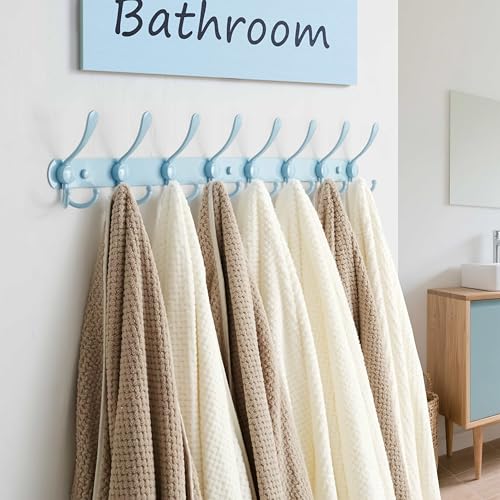 Dseap Coat Rack Wall Mount - 29.5” Long 8-Tri-Hooks Heavy Duty Coat Hanger Rail Wall Hooks for Hanging Coats Hats Clothing Clothes Purse Mudroom Entryway, Blue, Pack of 2 - color: Blue, size: L=29.5” (2 Pcs)