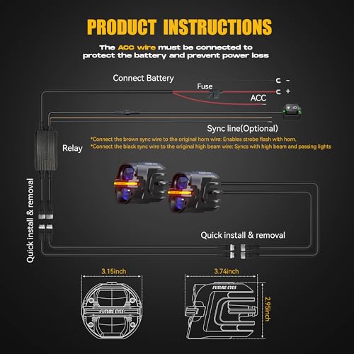 Future Eyes Motorcycle Fog Lights 120W LED Amber Auxiliary Driving Lights with DRL & Strobe, IP67 Waterproof Motorcycle Light for Night Riding, Off-Road, Dirt Bike, ATV, UTV, Golf Cart
