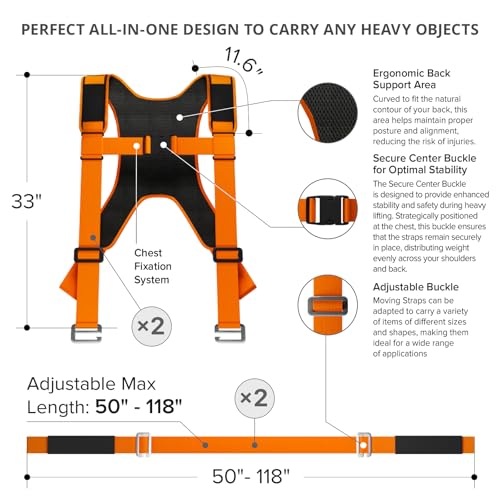 X-Protector Moving Straps - 2 Pairs - Lifting Straps for 2 Movers - Move Furniture Easily and Safely - Perfect for Lifting and Moving Heavy Objects! (with Back Support) - style: Moving Straps (With Back Support, Orange)