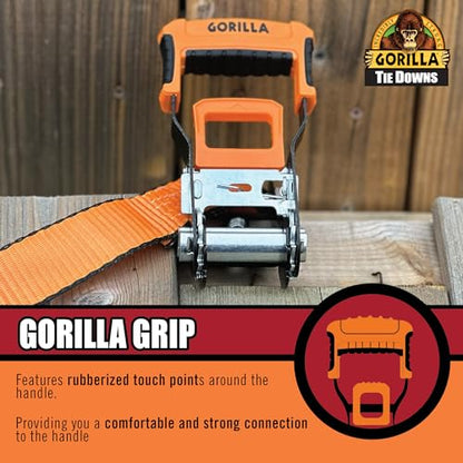 Gorilla Ratchet Tie Down Straps (2Pack) 1.5in x 14ft - 5000lb Break Strength, Heavy Duty Orange Webbing with Gorilla-Grip Handle, Cap Locks & Floating D Rings for Secure Cargo Hauling, Camping, Moving - style: 1.5in x 14ft - 5000lb Break (Pack of 2)