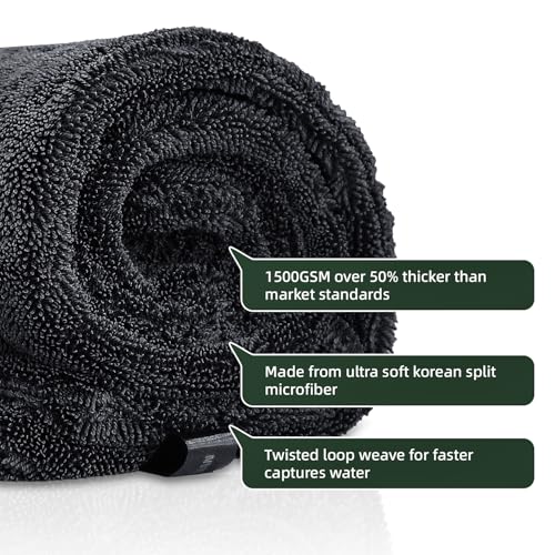 2-Pack 24" x 36" 11.8" x 11.8" Twisted-Loop Car Drying Towel 1500GSM Microfiber Cleaning Cloth for Car Trucks Motorcycles Streak Free Lint Free Ultra Absorbent Washing Cloth for Kitchen Window (Grey)