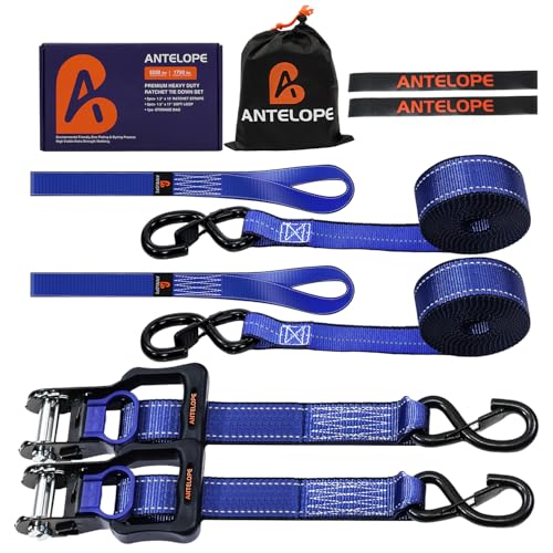 Ratchet Tie Down Straps Set, 5250 LBS Breaking Strength, 2 Pack 1.5" x 15' Heavy Duty Ratchet Straps, Cargo Strap, Motorcycle Straps for Trucks, Bicycle, Kayak, Moving, Tie Downs with S Hooks, Blue - color: Blue, size: 2PK-1.5in