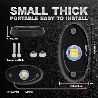 4Pods LED Rock Lights White LED Neon Underglow Light for Car Truck ATV UTV SUV Boat Underbody Glow Trail Rig Lamp Waterproof (White) - color: White