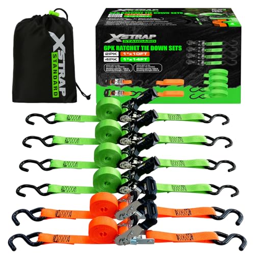 XSTRAP STANDARD 6-PK Ratchet Tie Down Straps, Heavy Duty Motorcycle Straps | 1 Inch 4 x 14ft & 2 x 10ft Tie-down, 3300 lbs Break Strength Cargo Straps with Coated S-Hooks for Moving, Truck, UTV, Trailer