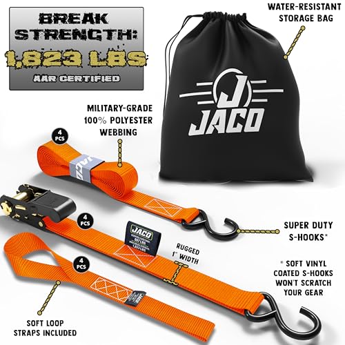 JACO Ratchet Tie Down Straps - 1 inch x 15 ft (Pack of 4) | 1,823 lbs (Orange) - color: Orange