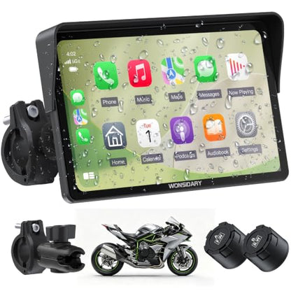 W722TPMS 7" Wireless Motorcycle CarPlay & Android Auto with TPMS,IP67 Waterproof Motorcycle GPS Touchscreen, Dual Bluetooth Audio,EQ, Light Sensor,USB/Acc Power for Riding - size: 7 Inch