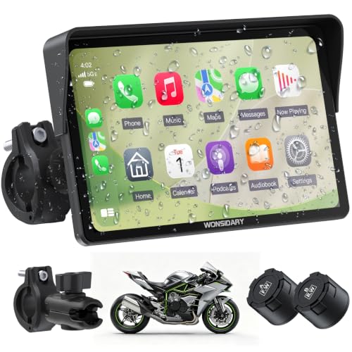W722TPMS 7" Wireless Motorcycle CarPlay & Android Auto with TPMS,IP67 Waterproof Motorcycle GPS Touchscreen, Dual Bluetooth Audio,EQ, Light Sensor,USB/Acc Power for Riding - size: 7 Inch