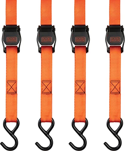 BLACK+DECKER 1" x 10' Light-Duty Cambuckle Tie-Down Straps, 4-Pack | 900 lbs Break Strength, Oversized Release Lever, Weather-Resistant, Coated S-Hooks, Easy to Secure Lightweight Cargo - size: 1" x 10'